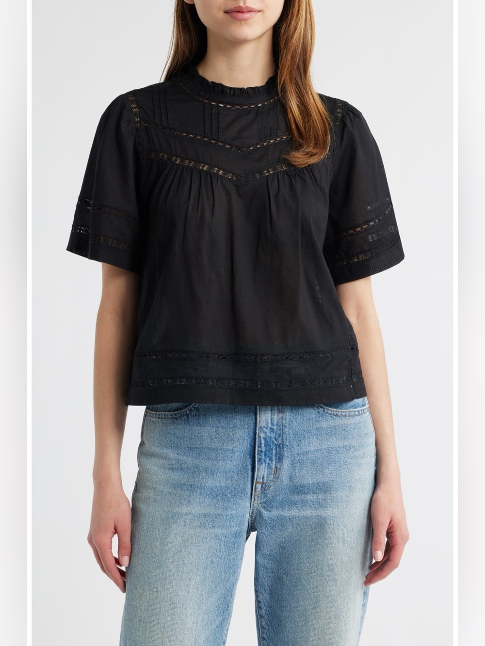 Rails Black Lace-Trim Short Sleeve Blouse- New with tags